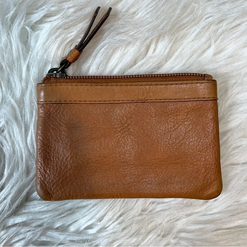 Fossil Vintage 90s/Y2K British Tan Zip Leather Coin Wallet w/ Brass Chain 🐂